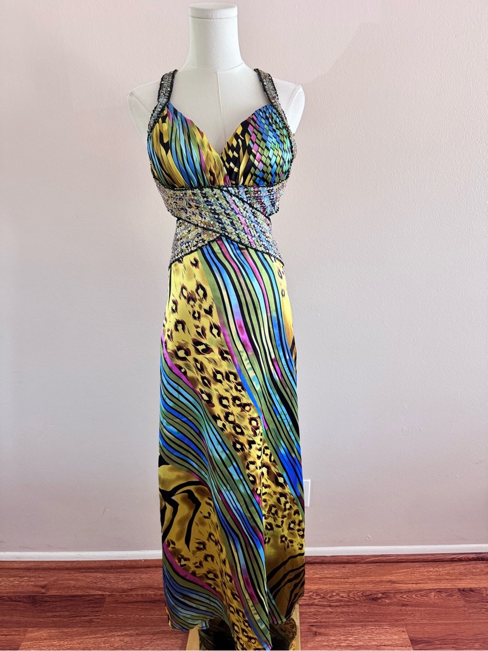 La Femme Vintage Y2K Beaded Open Back Gown - 100% Silk